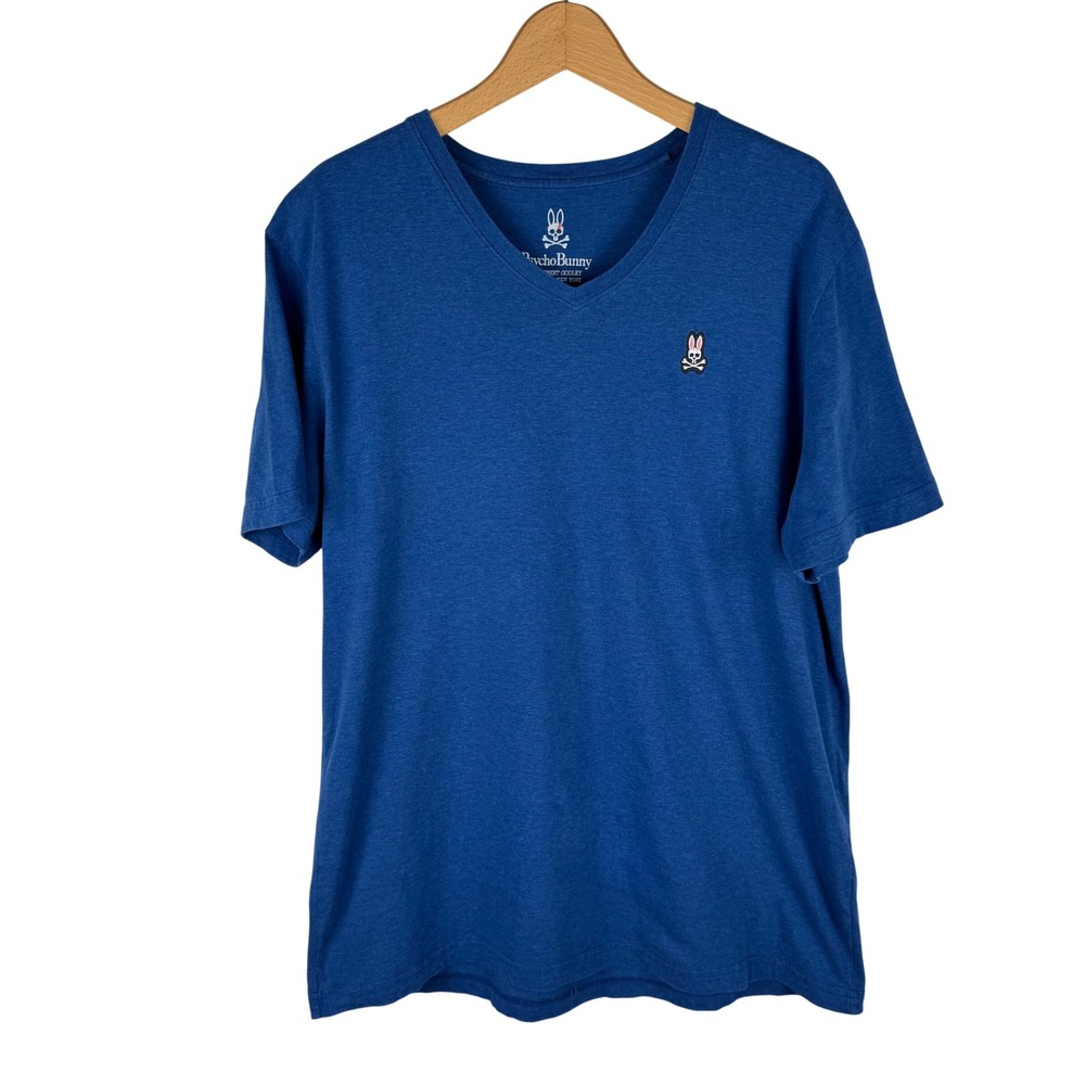 Psycho Bunn Pima Cotton V-Neck Logo T-Shirt Mens Size 6 Large Blue Short Sleeve